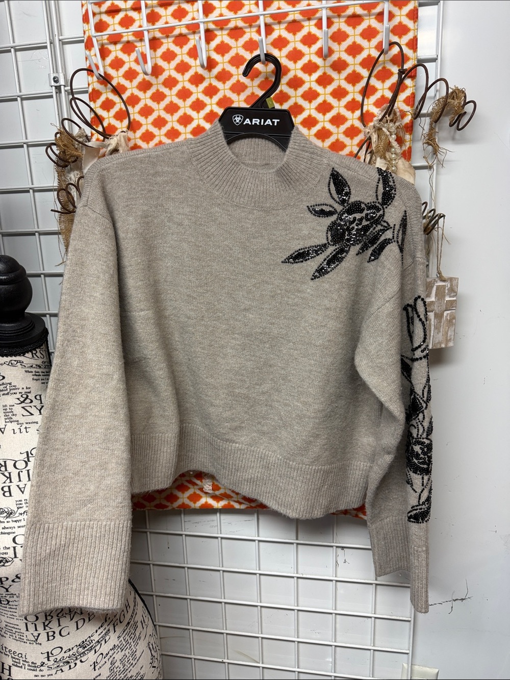 Ariat Beige Sweater with Black Beaded Floral Accent